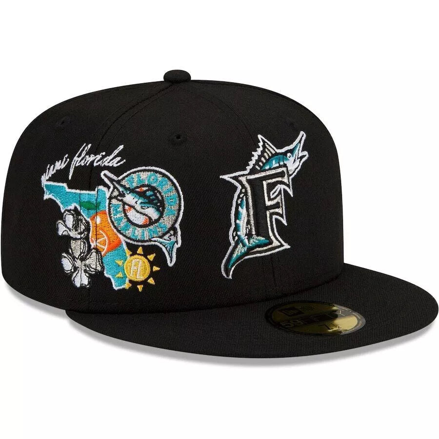 New Era Florida Marlins Hat 59fifty MLB Black City Cluster Fitted Cap Mens
